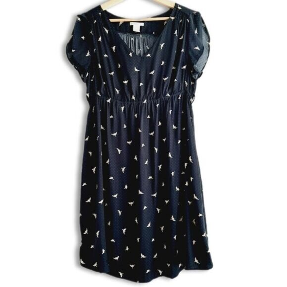 H&M MAMA Maternity Frilled-Sleeve Bird Print Navy Light Dress Sz M - Picture 3 of 13